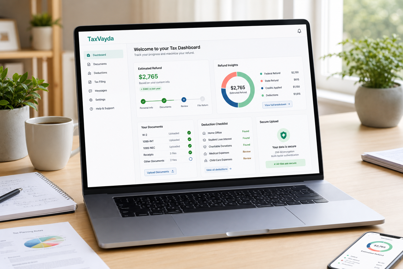 TaxVayda dashboard concept with document status, refund insights, secure upload, and deduction checklist